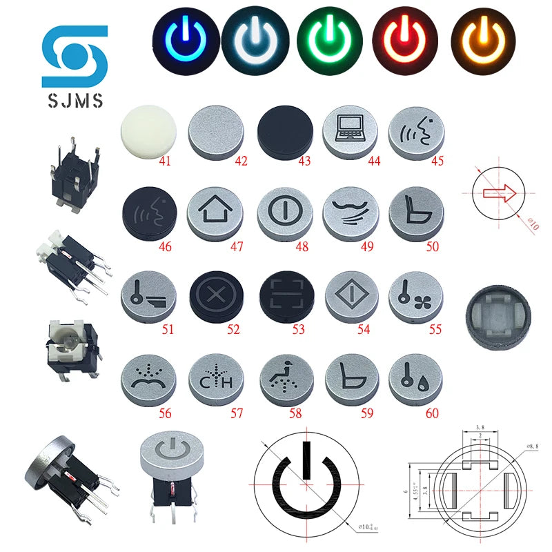 SJMS 5Pcs 6*6*9.5mm 6PIN DIP Through Hole Micro Push Button Tactile Momentary With LED Switch Tact Push Indication  Button mode