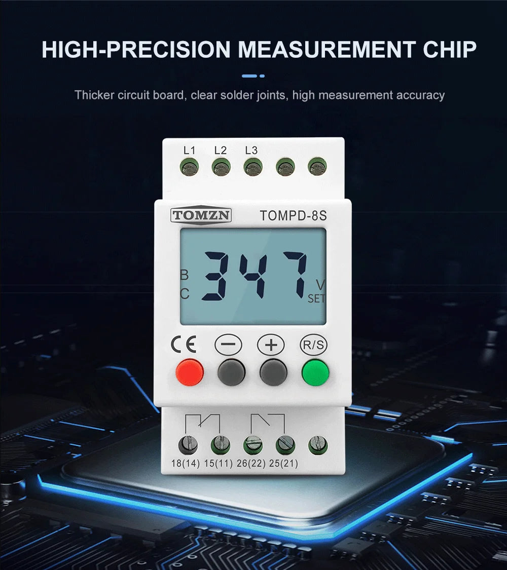 TOMZN 3 Phase Din Rail Adjustable Under Over Voltage Protector Voltage Monitoring Sequence Protection Relay