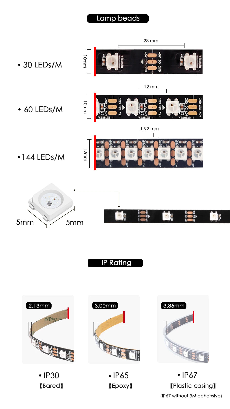 WS2812B Led Strip With SP110E USB Bluetooth Controller WS2812 30/60/144 Pixels/m RGB Individually Addressable LED Light Kit DC5V