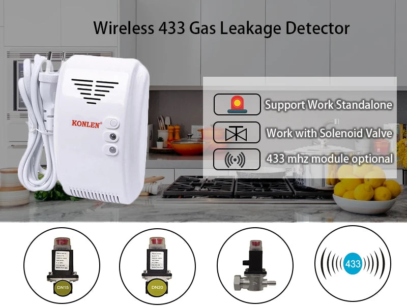 KONLEN LPG Natural Gas Leakage Detector Wireless 433Mhz Sensor With Solenoid Valve