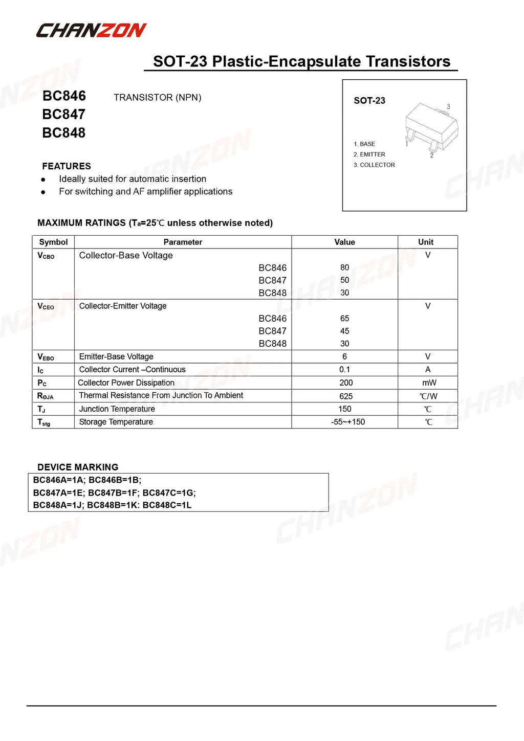 100Pcs BC847B SOT-23 BC847 SMD NPN Transistor Bipolar Junction BJT Triode Tube Fets 0.1A 50V Mark 1F Single Integrated Circuits