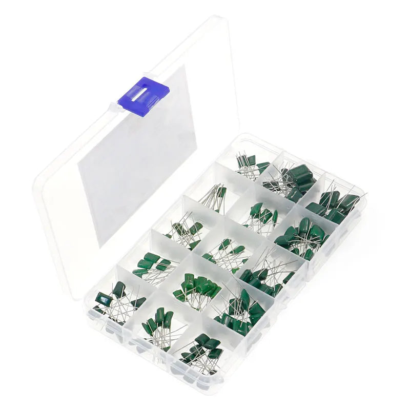 150pcs/Box 15 Values Mylar Polyester Film Capacitor Assortment Kit 0.22NF to 470NF / 100V with Plastic Case DIY