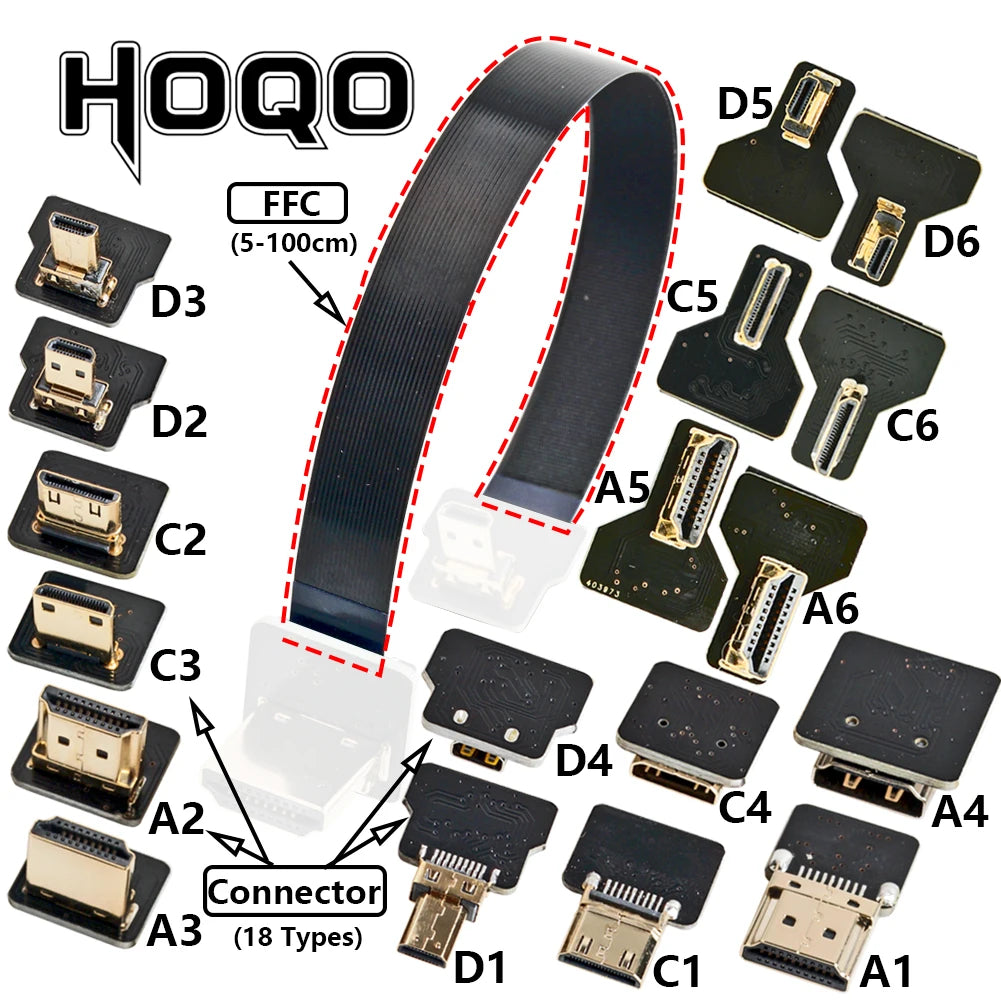 A4 Flexible HDMI-Compatible FFC FPV Ultra Thin Micro HDMI Female A4 Flat Cable Cord to HDMI Mini 90 Degree Micro Male FPC