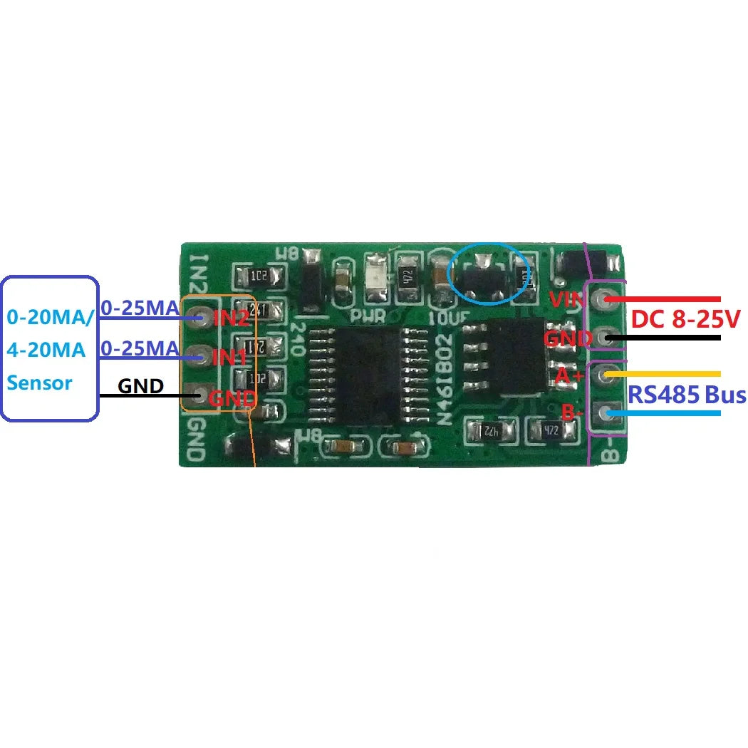 4-20MA to RS485 2 Channel DC 12V 0-25MA Analog Acquisition Module 12Bit ADC Board Modbus RTU PLC