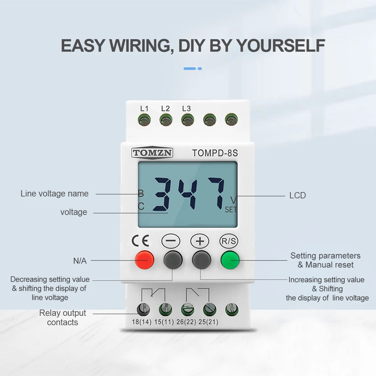 TOMZN 3 Phase Din Rail Adjustable Under Over Voltage Protector Voltage Monitoring Sequence Protection Relay