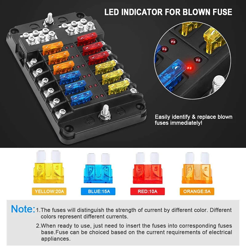 12 Way Fuse Box Holder With Blade Fuse Holder Block & Warning Indicator Car Boat Blade Fuse Box 12V 24V