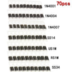 70pcs/lot SMD Diodes 1N4007 M7 1N4001 M1 1N4004 M4 SS14 US1M RS1M SS34 7 Values*10pcs Electronic kit schottky diode set pack