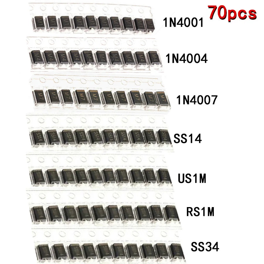 70pcs/lot SMD Diodes 1N4007 M7 1N4001 M1 1N4004 M4 SS14 US1M RS1M SS34 7 Values*10pcs Electronic kit schottky diode set pack