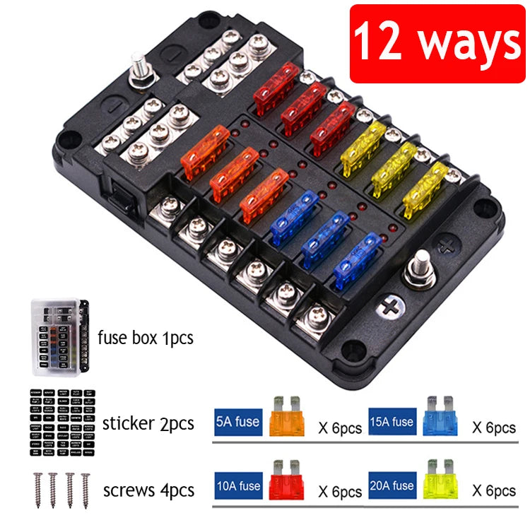 12 Way Fuse Box Holder With Blade Fuse Holder Block & Warning Indicator Car Boat Blade Fuse Box 12V 24V