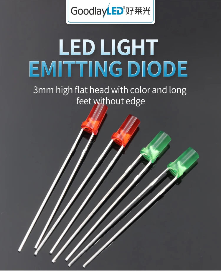 1000PCS 3mm High Flat Top Color Long Feet Red Green Blue Yellow Direct Plug Light-emitting Diode DIP LED
