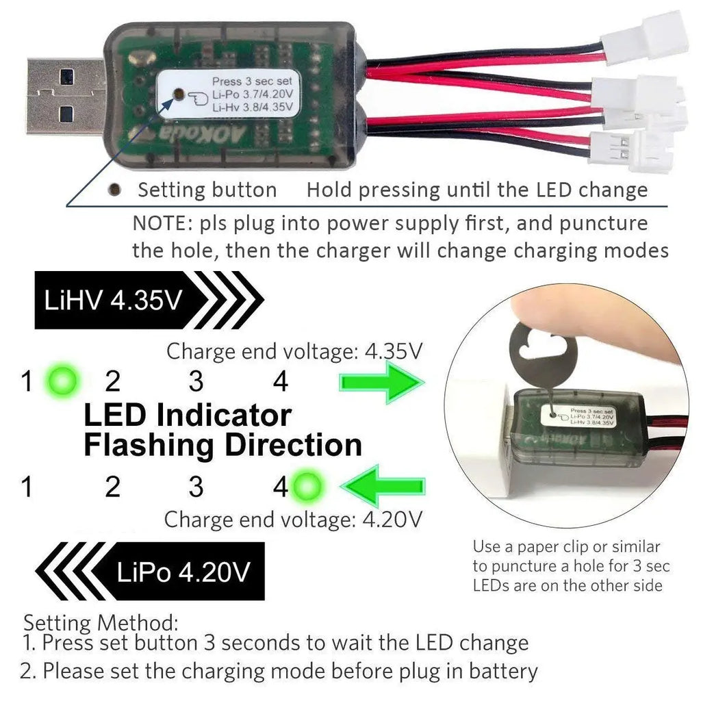 1pcs AOKoda CX405 4CH Micro USB Battery Charger Support 1S LiPo/LiHv 4.2V/4.35V Battery For RC Helicopter Airplane Toys Drone