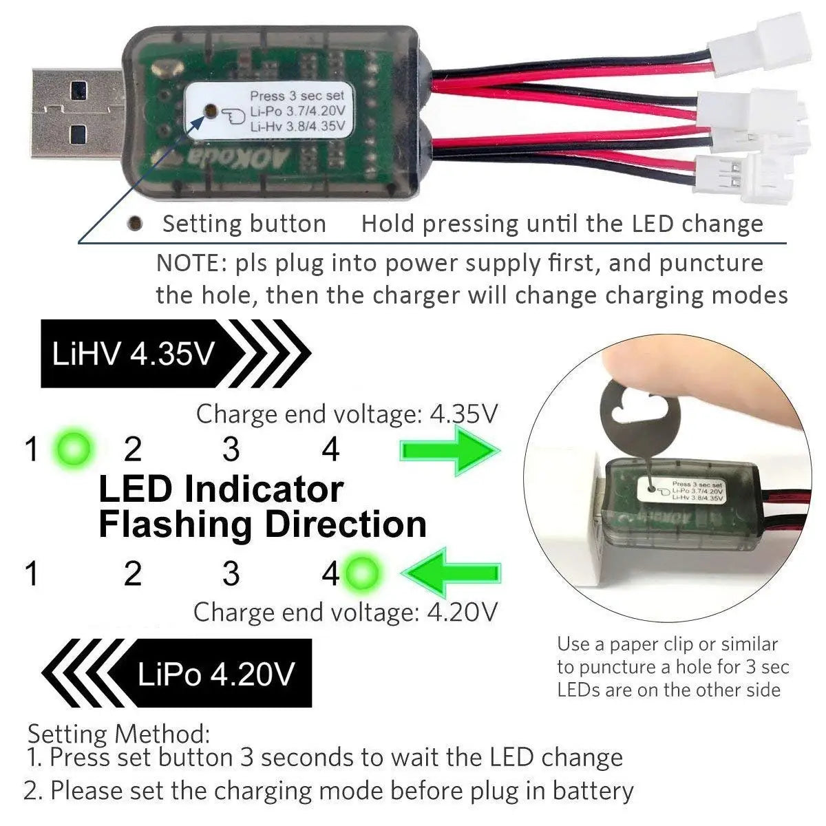 1pcs AOKoda CX405 4CH Micro USB Battery Charger Support 1S LiPo/LiHv 4.2V/4.35V Battery For RC Helicopter Airplane Toys Drone