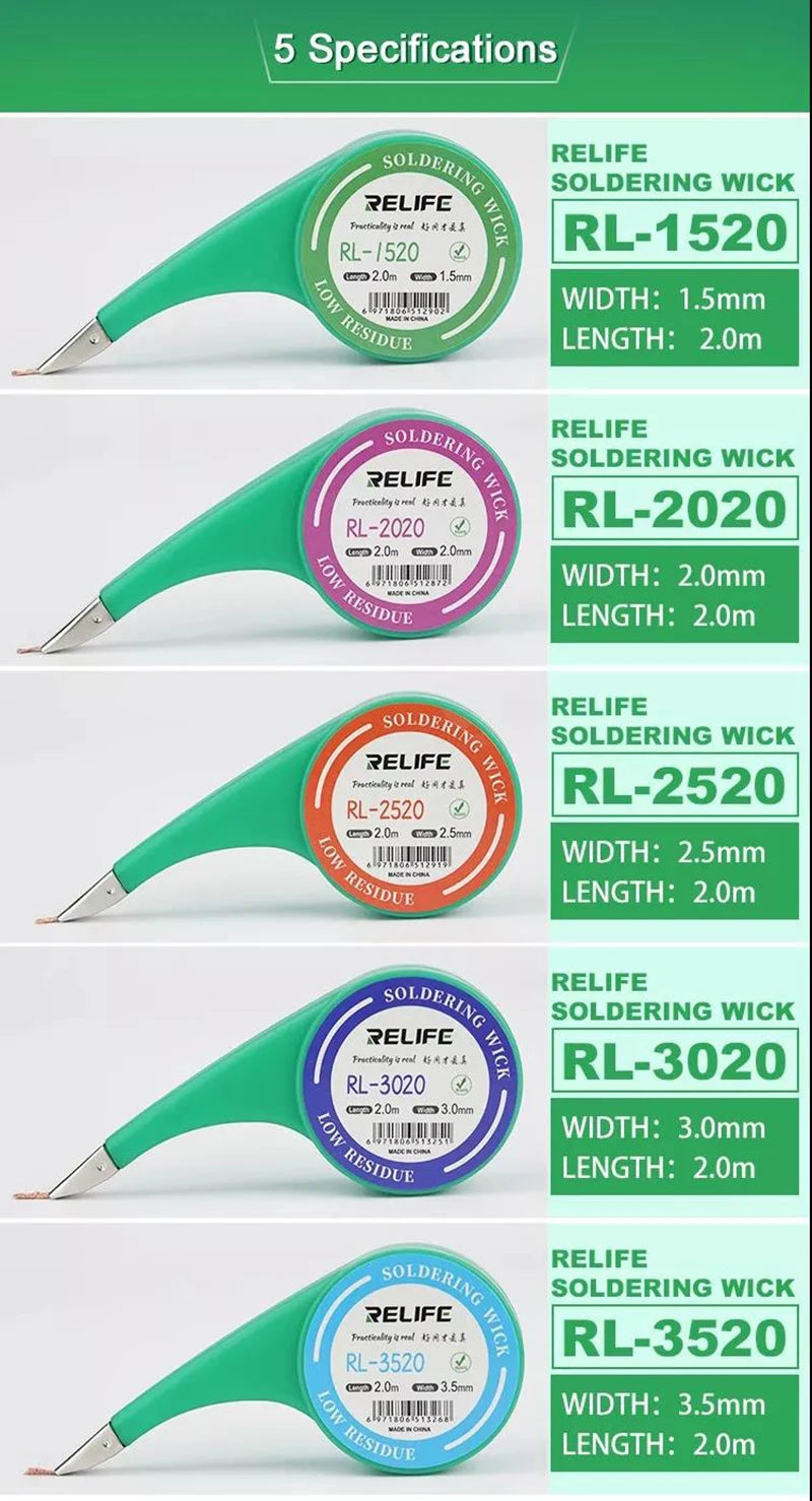 RELIFE Desoldering Braid 1.5/2.0/2.5/3.0/3.5mm Width 2M Length Suction Tin Solder Remover Wick Wire BGA Soldering Repair Tools