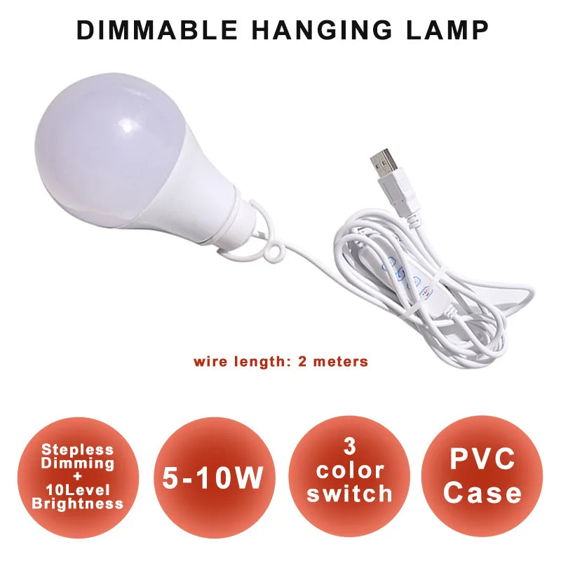 ZHMZH USB LED Bulb Stepless Dimming Brightness Three Color Switch Dimmable Hanging Lamp Light Bulb For Adapter Power Bank 10W
