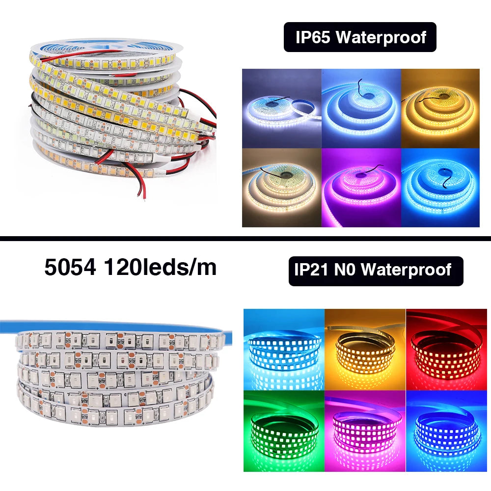 DC12V LED Strip 5050 5054 2835 120 240LEDs/M High Bright White Red Blue Pink Yellow RGB Flexible Ribbon Tape Light Lamp 5m