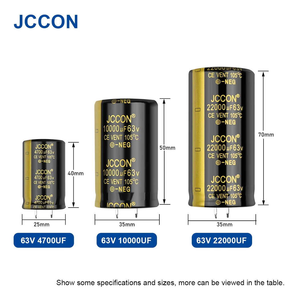 2Pcs JCCON Audio Electrolytic Capacitor 63V 3300UF 4700UF 6800UF 10000UF 12000UF 15000UF 22000UF Low ESR For Hifi Amplifier