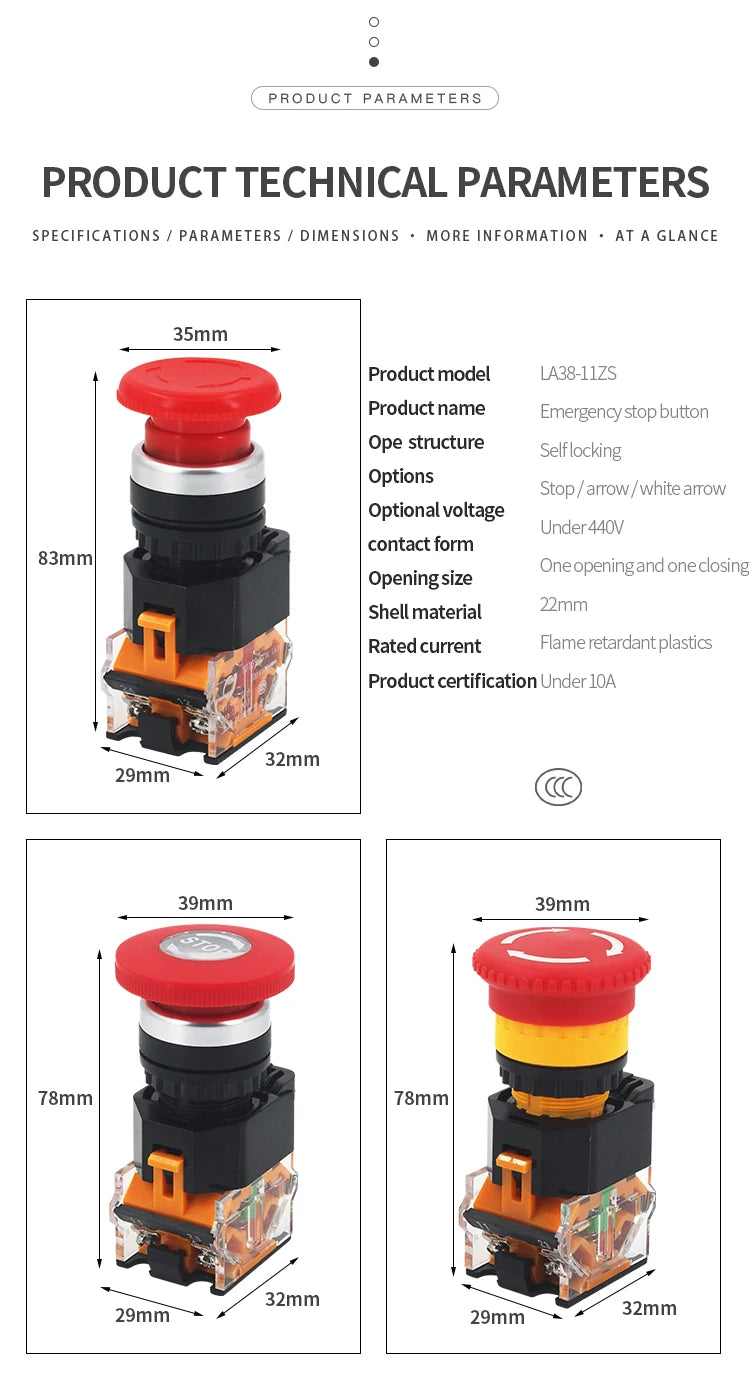1PCS LA38-11ZS Self-Locking 22mm Emergency Power Push Button Switchstop Mushroom Head Emergency Stop Button Switch