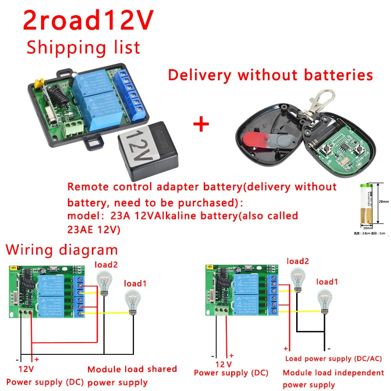 433Mhz RF Remote Control Wireless Switch DC 5V 12V 1CH 2 Way Relay Receiver and 2CH Transmitter For Door Electromagnetic Lock