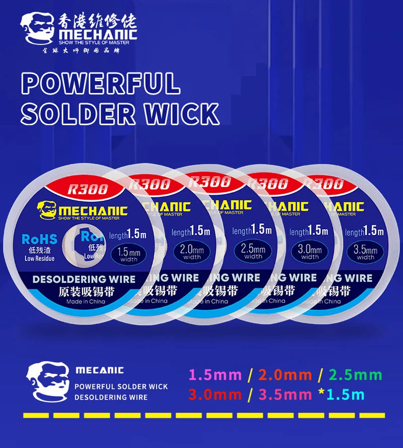 5pcs/lot MECHANIC Desoldering Braid 1.0/1.5/2.0/2.5/3.0/3.5/4.0mm 1.5M Length Welding Solder Remover Wick Wire BGA Repair Tools