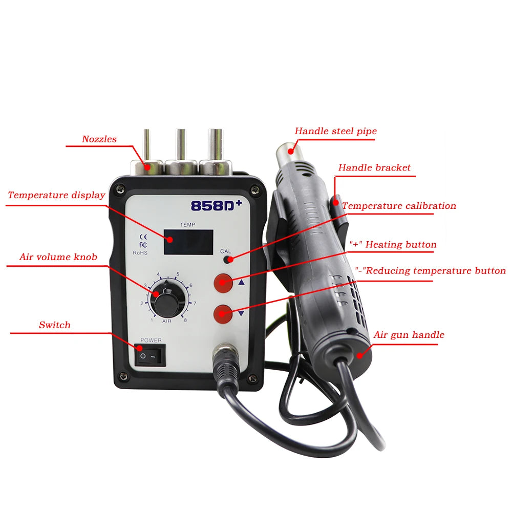 858D Rework Solder Station LED Digital Hot Air Heat Gun ESD Soldering Desoldering Station 700W Computer Phone Ultra-fast Heating