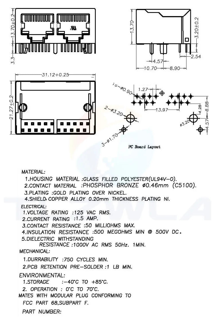 1PCS 1*2 RJ45 Metal 16 Pin Female PCB Right Angle Board Jack Connector 8P8C Crystal Head Socket 1x2 21mm Network Interface