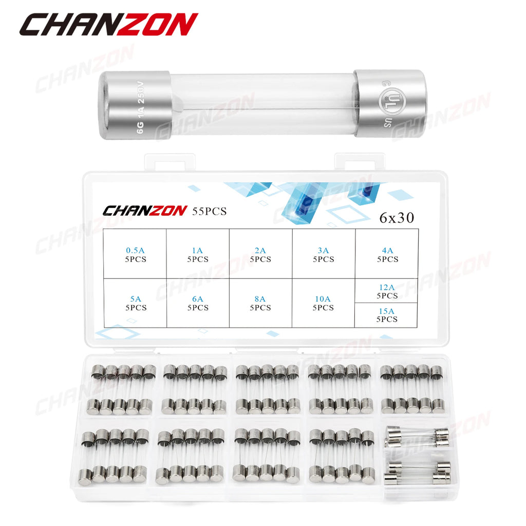 6x30 Fast Blow Glass Tube Fuses Set 6*30 0.5A 1A 2A 3A 4A 5A 6A 8A 10A 12A 15A 250V 125V 12V Assorted Kit with Box 55pcs