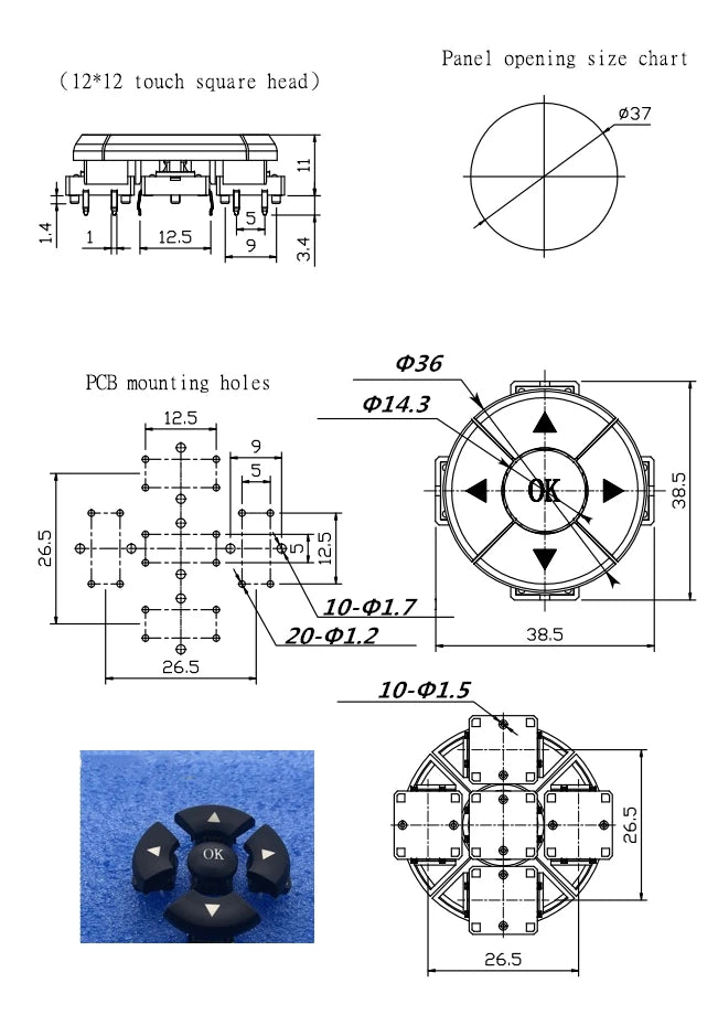 1 Set B3F-4055 A14 Cap 5 Way Direction Combination Switch With Arrow OK Button 12*12*7.3 mm Micro Tactile Tact Button Switches