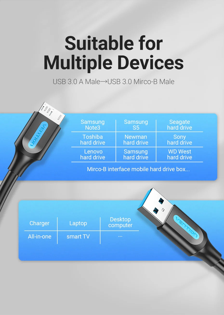 Vention Micro B Cable USB 3.0 2A to USB A Cable Data Transfer Fast Charger Cord for Hard Drive Samsung Micro B USB 3.0 Cable