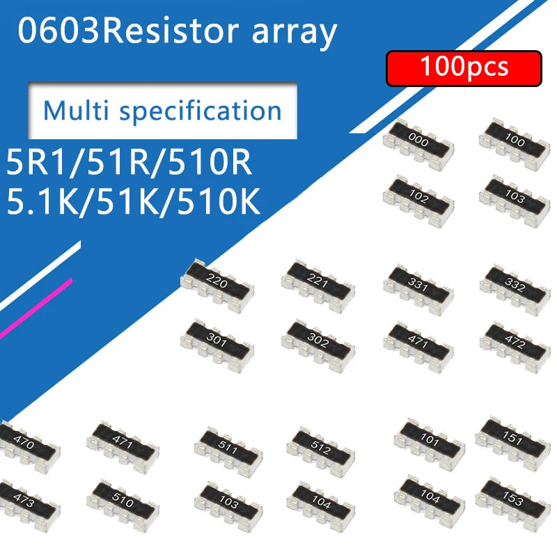 100pcs 0603*4 8P4R 2*4P SMD Network Resistor Array 5R1 5.1 51 510 R Ohm 5.1K 51K 510K 511 512 513 514