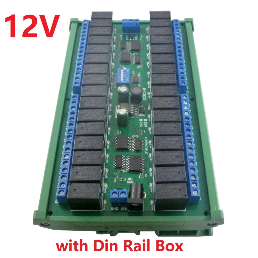 DC 12V 24V 32 Channels Modbus RTU RS485 Bus Relay Module UART Serial Port DIN35 Rail Board for PLC LED Home Automation Door Lock