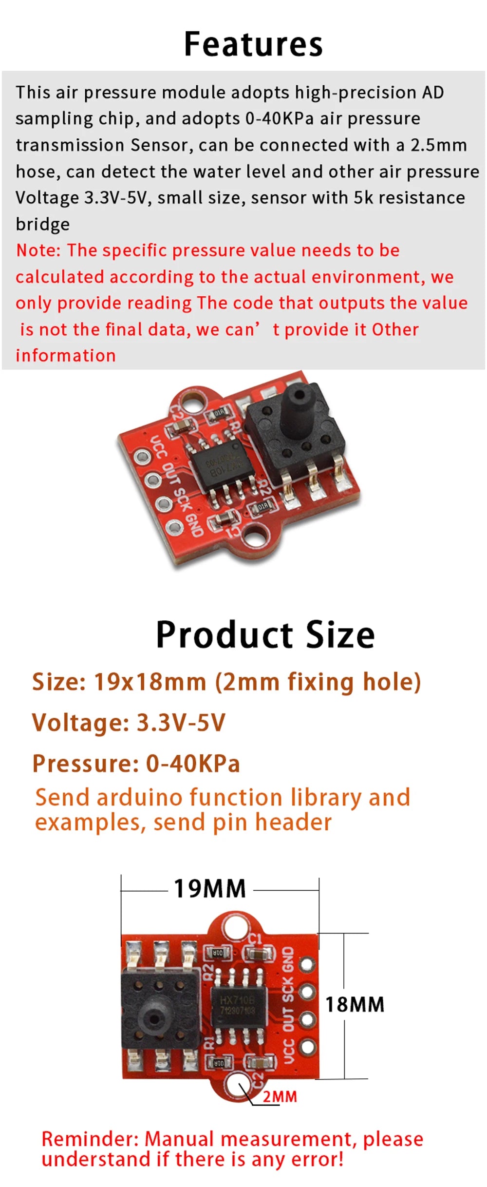 DC 3.3V 5V 0-40KPa Pressure Sensor Module Connect 2.5mm Soft Tube Digital Liquid Water Level Controller Board For Arduino DIY