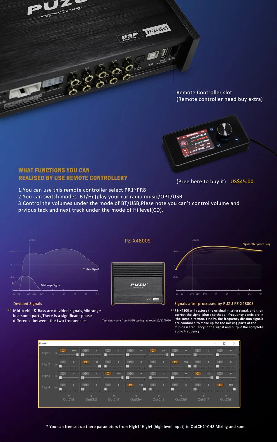 PUZU PZ-X4800S  6core 32bit 8CH with power Car Audio DSP Digital signal processor built in amplifier 8X150W support BT5.0 OPT