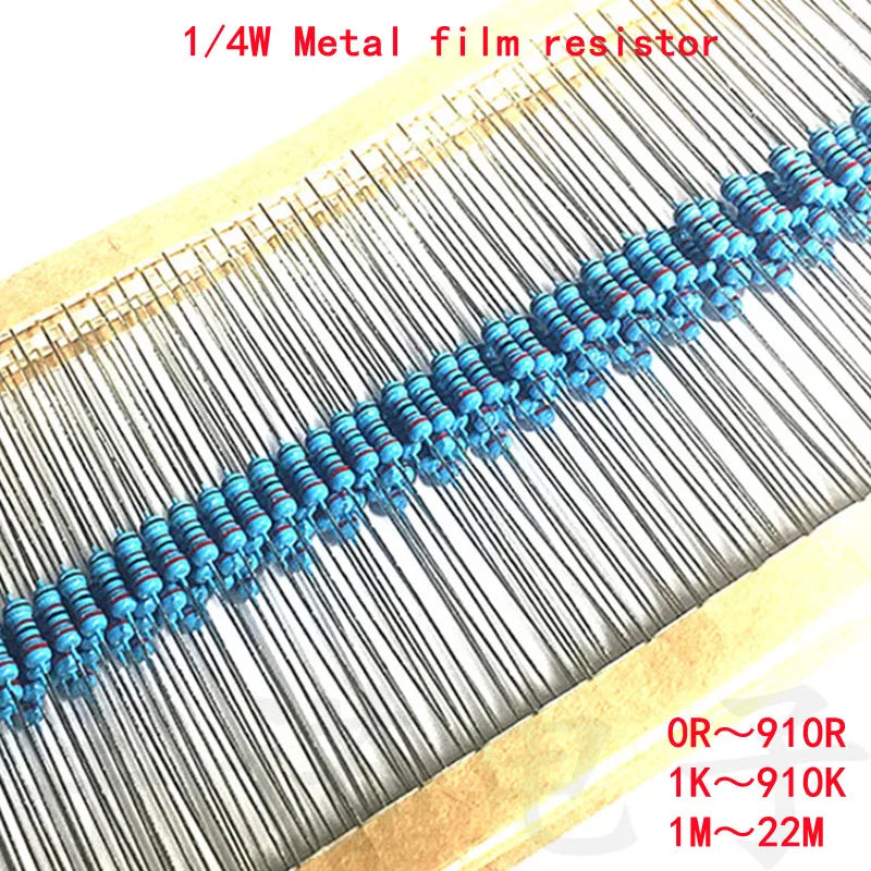 100pcs 1/4W 0R-22M 1% Metal Film Resistor 0.25W 0 2.2 10 100 120 150 220 270 330 470 1K 2.2K 4.7K 10K 100K 470K 1M 10M 20M Ohms