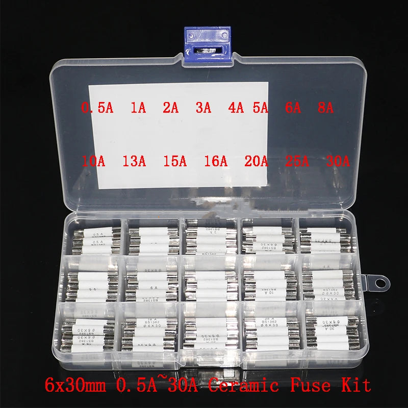 75pcs Ceramic Fuse 6mm x 30mm 0.5A 1A 2A 3A 4A 5A 6A 8A 10A 13A 15A 16A 20A 25A 30A Fuse Assortment Kit 6x30mm Insurance Tube