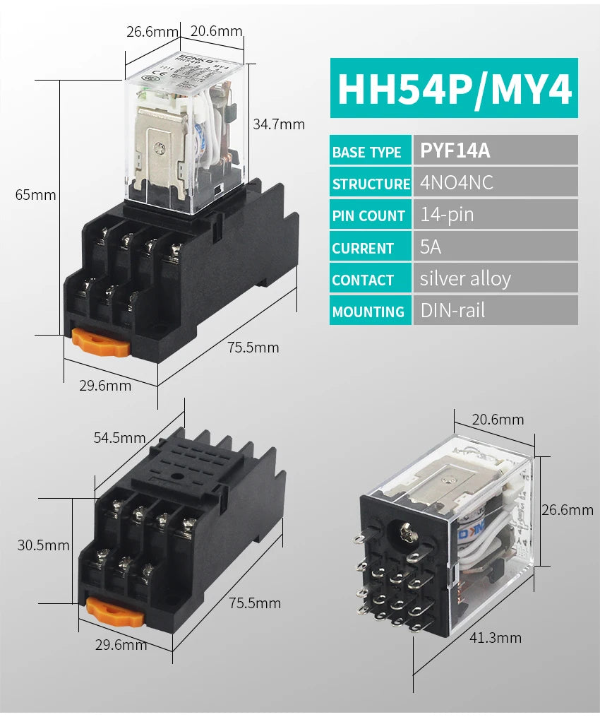 Relay MY4P HH54P MY4NJ Coil General DPDT Micro Mini Electromagnetic Relay Switch with Socket Base LED AC 110V 220V DC 12V 24V