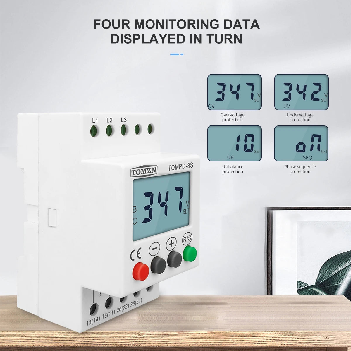 TOMZN 3 Phase Din Rail Adjustable Under Over Voltage Protector Voltage Monitoring Sequence Protection Relay