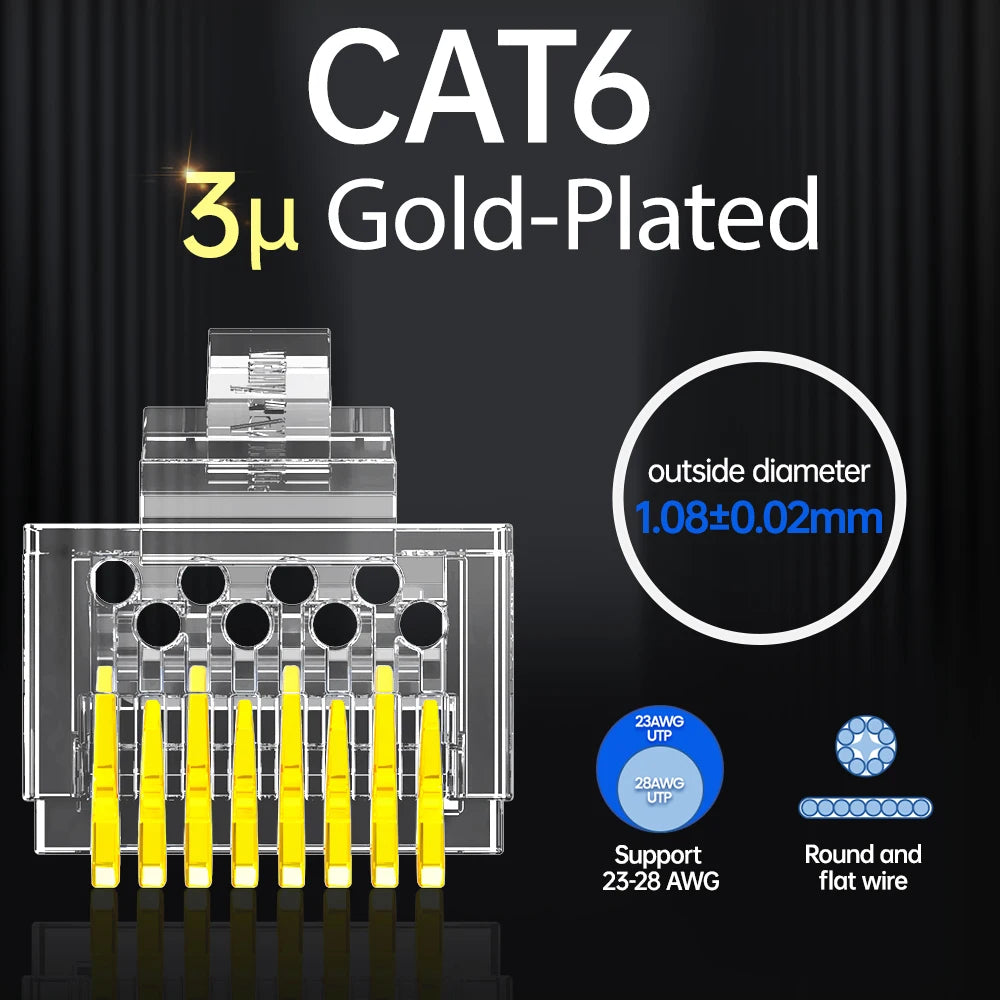 AMPCOM CAT6 CAT5E Pass Through RJ45 Modular Plug Network Connectors UTP 3/50μ Gold-Plated 8P8C Crimp End for Ethernet Cable