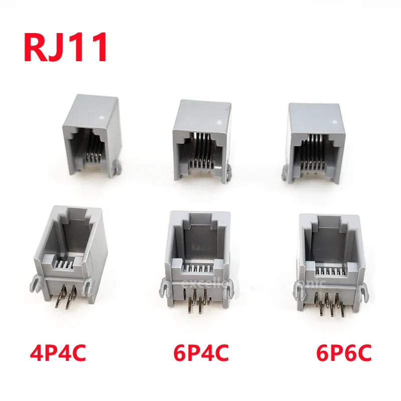 5/10Pcs RJ11 Telephone Socket 4P4C 6P4C 6P6C Plug Horizontal Right Angle 4 Pin/6 Pin Female Socket PCB Connector Gray