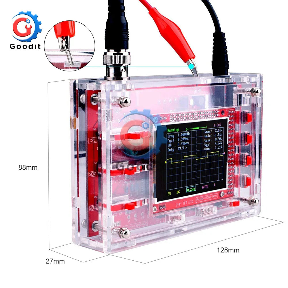 Fully Assembled Digital Oscilloscope 2.4" TFT LCD Display with Alligator Probe Test Clip Transparent Acrylic Case