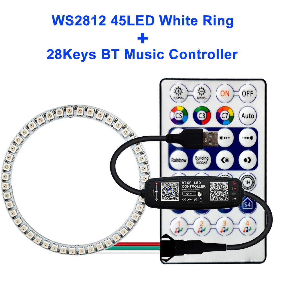 WS2812B Individually Addressable Led Ring 5050 RGB With USB 28Keys Bluetooth Music Controller Kit BuiIt-in 8/16/24/35/45 Pixels