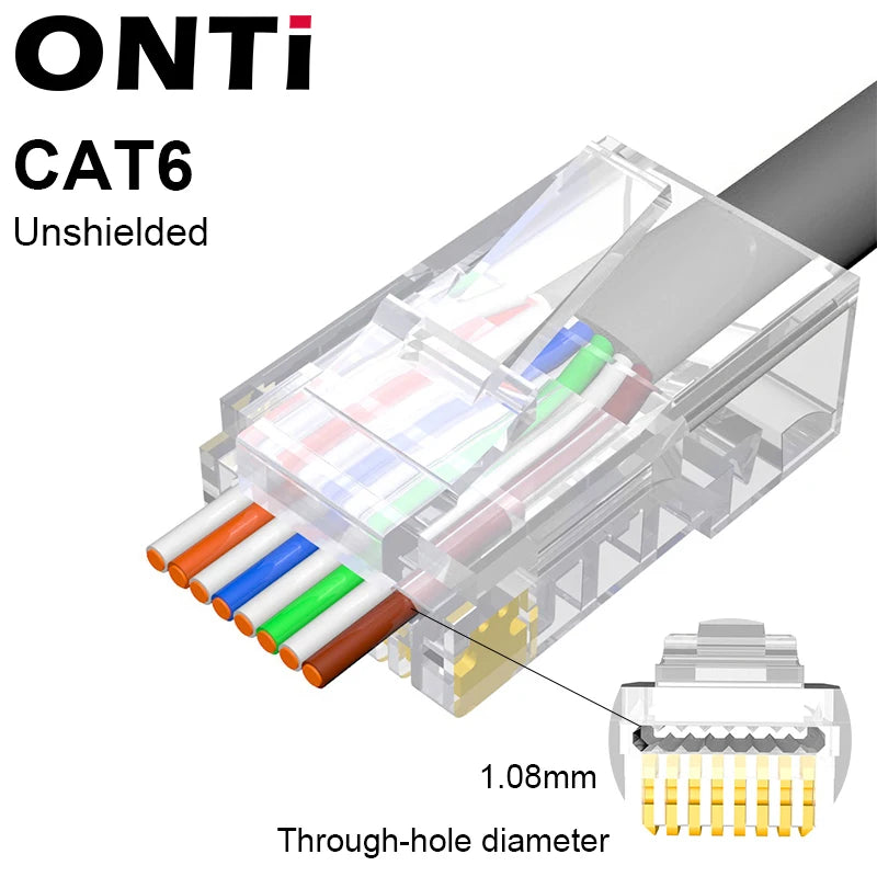 ONTi 10/50/100pcs CAT5E CAT6 CAT7 Plug RJ45 Connector 50U Gold Plated End Pass Through Network Cable Modular 8P8C Connector