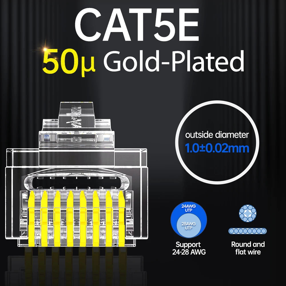 AMPCOM CAT6 CAT5E Pass Through RJ45 Modular Plug Network Connectors UTP 3/50μ Gold-Plated 8P8C Crimp End for Ethernet Cable