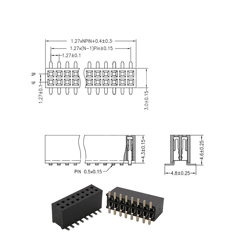10Pcs 1.27mm Pitch 2x2P-50Pin Double Row Male Female Pin Header PCB Board Connector 1.27 mm Pinheader Socket SMD SMT