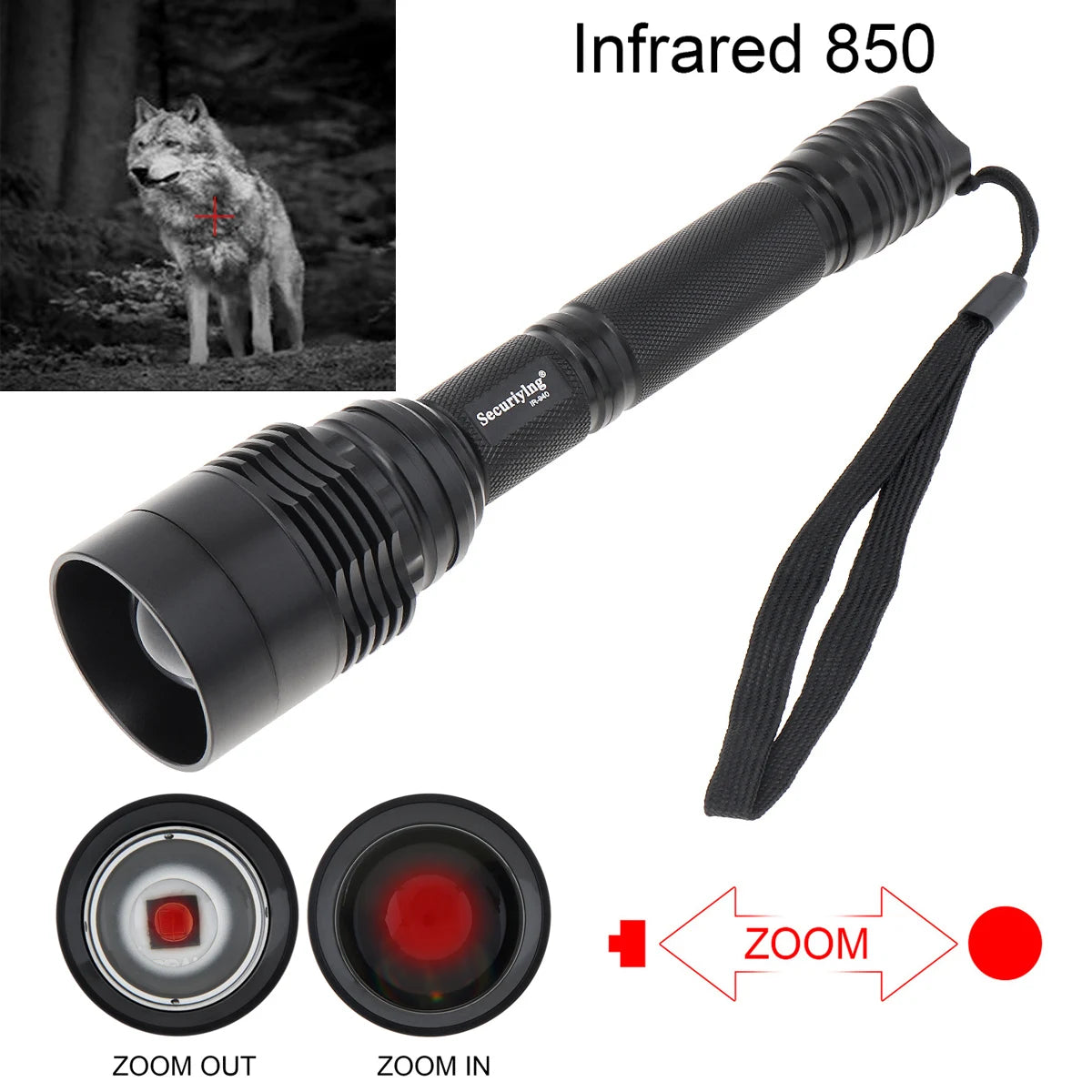 SecurityIng  Infrared Flashlight  IR 850nm 940nm T50 LED Zoomable Hunting Light Torch Long Range 18650 for Night Vision Device