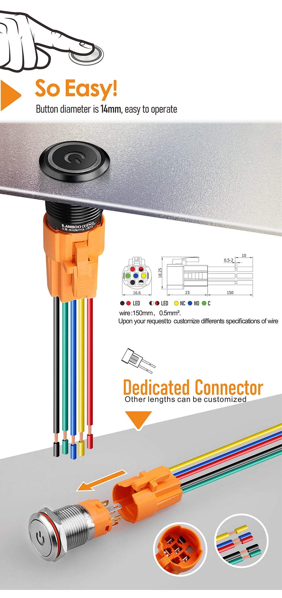 LANBOO LB16A Device Button Switch Chrome Plating/Aluminum Oxide Black/Optional 1NO1NC/5 Pin Latching/Momentary Optional
