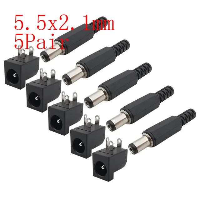 5Pairs 5.5 x 2.1mm DC Power Male Plug + Female Jack Socket Connectors Screw Nut Panel Mount Adapter 5.5*2.1 mm 12V 3A DC022