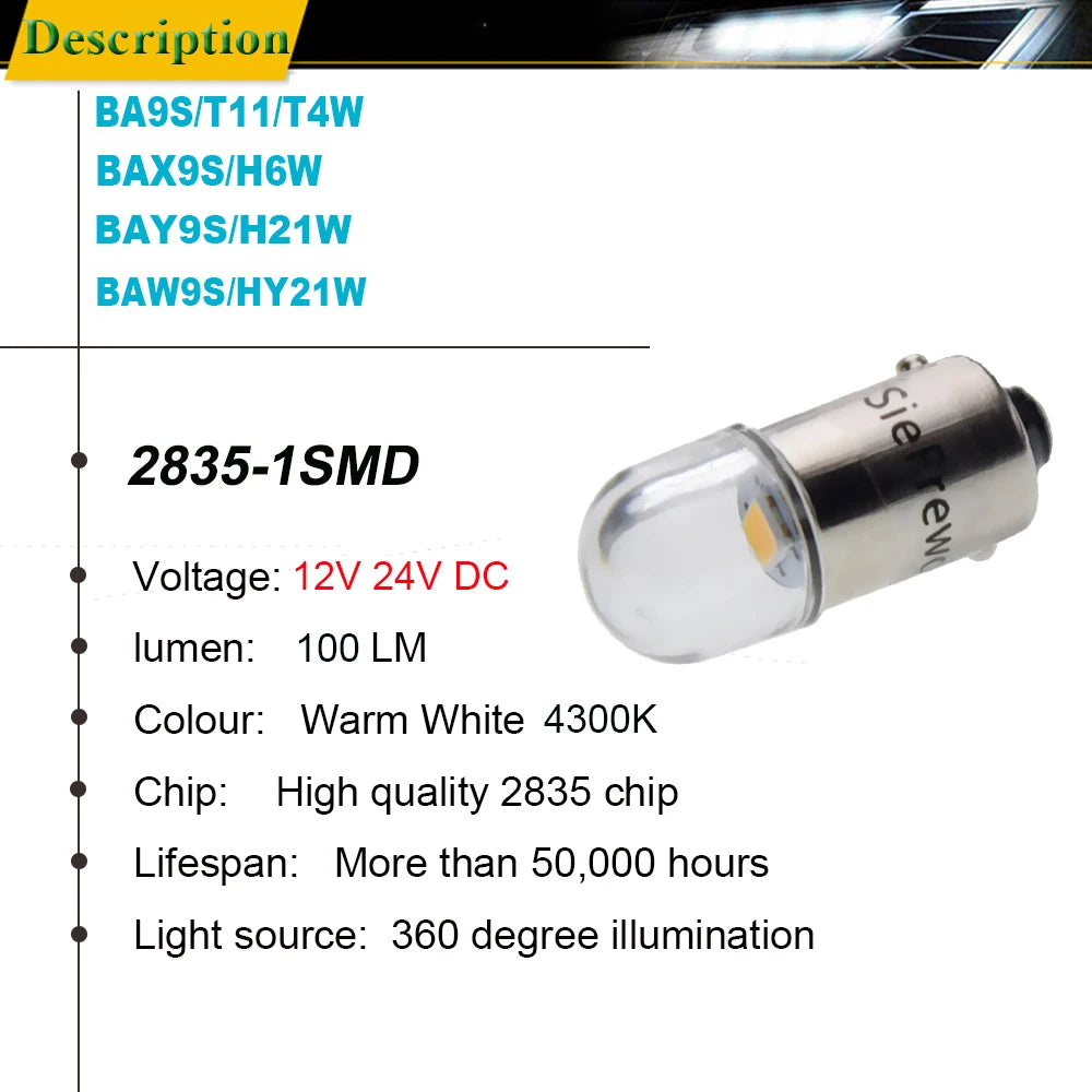 10X BA9S T4W BAX9S BAY9S BAW9S LED Lights Bulb For Auto Interior Dome Map Reading Light Side Marker Lamp Warm White 6V 12V 24V