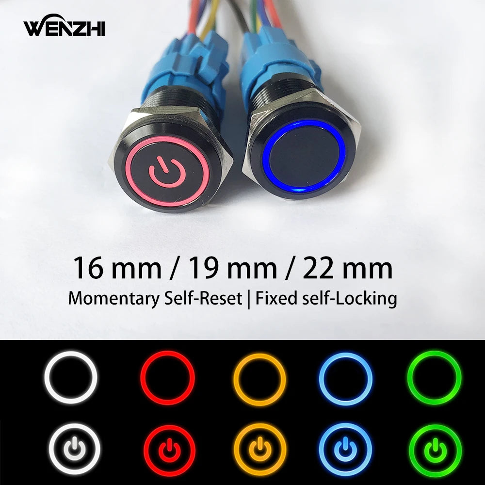 Black Metal Push Button Switch Start Stop 12/24/220V 16/19/22mm Connected LED Backlit Rocket Power Controller Momentary/Latching