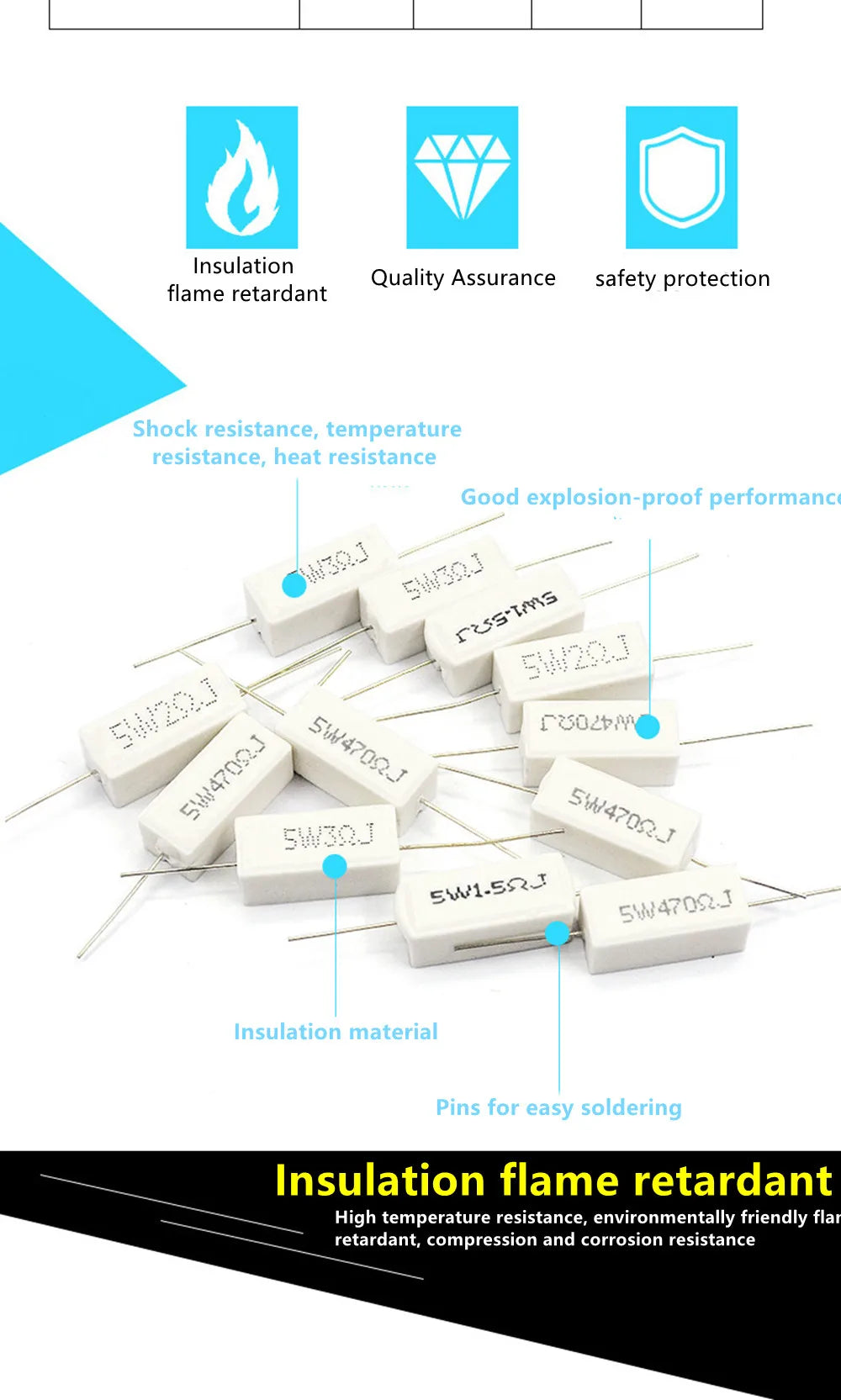 10Pcs 5W Ceramic Cement Resistor 5% In A Pack 0.1R 0.22 0.33 0.5 Ohm 6.8K 0.25R 0.5R 3R 27R 12R 100R Non-inductive Resistors