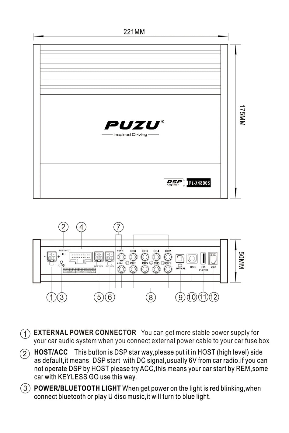 PUZU PZ-X4800S  6core 32bit 8CH with power Car Audio DSP Digital signal processor built in amplifier 8X150W support BT5.0 OPT